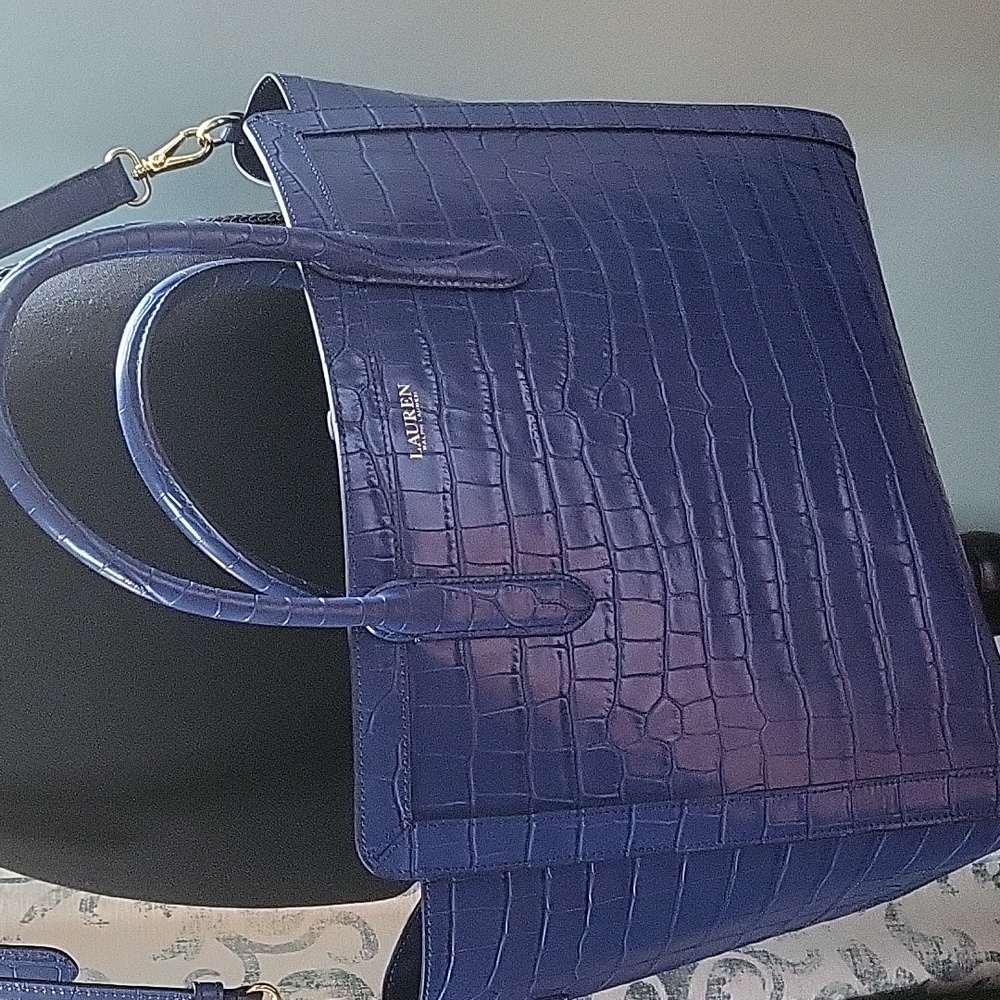 Ralph Lauren leather embossed royal blue tote bag with shoulder strap & dust bag